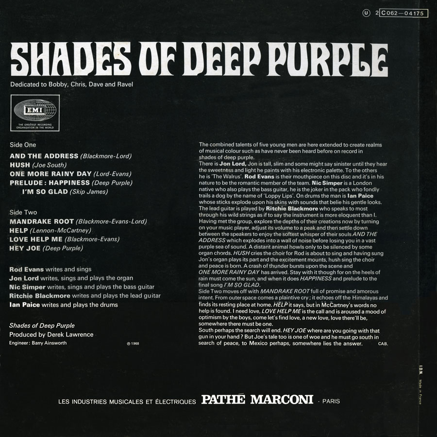 deep purple shades Of lp stereo france back cover
